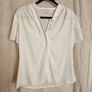 NWT Calvin Klein White Blouse Flutter Sleeve V-Neck Silky Top